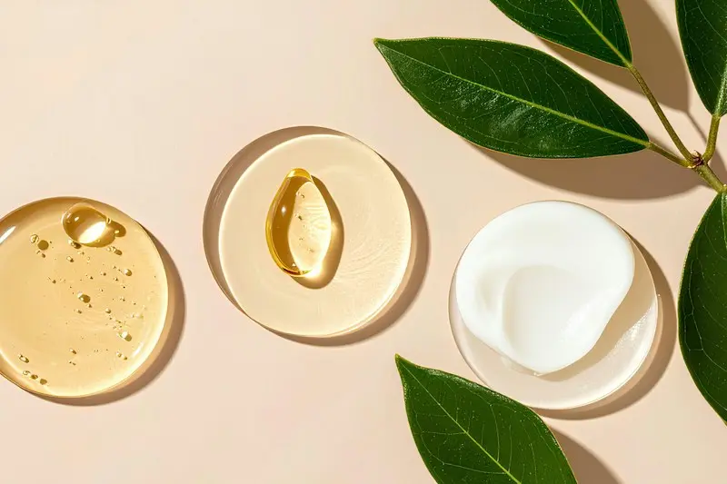 Drops of facial oil and cream in small glass dishes with green leaves