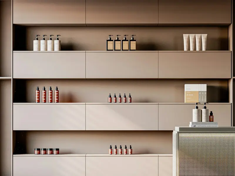 Clean, neatly arranged shelves of unlabelled bottles in the salon